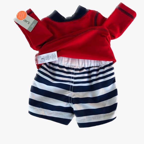 Carter's Baby Boy 2 Piece Swim Set, Red White Blue Trunks/Rash Guard Long Sleeve - Picture 4 of 11